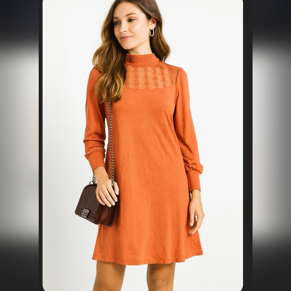 Free People Lace Mock Neck Long Sleeve Shift Dress In Orange Brown